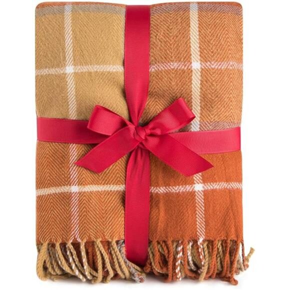 Orange Plaid Blanket Throw Acrylic Soft Reversible Dyed Fringed Bed Blanket Gift - Picture 3 of 8